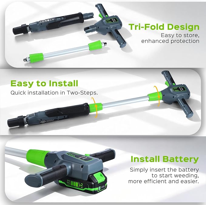 Weed Puller Tool, 21V Powerful Garden Tools Electric Weeding Tool with 2.0Ah Battery and Charger, Gardening Tools Weeder Tool with 3-Claw Steel Head for Smooth Weeding, Gifts for Men Women