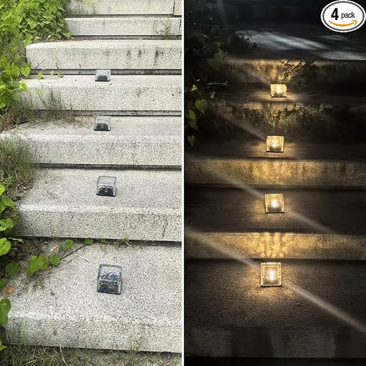 4 Packs of LED Solar Powered Small ice Bricks Lights, Warm Light Outdoor Courtyard Decorative Tile Stone Lights Wireless Twilight to Dawn Waterproof Garden Road Landscape Lamp.