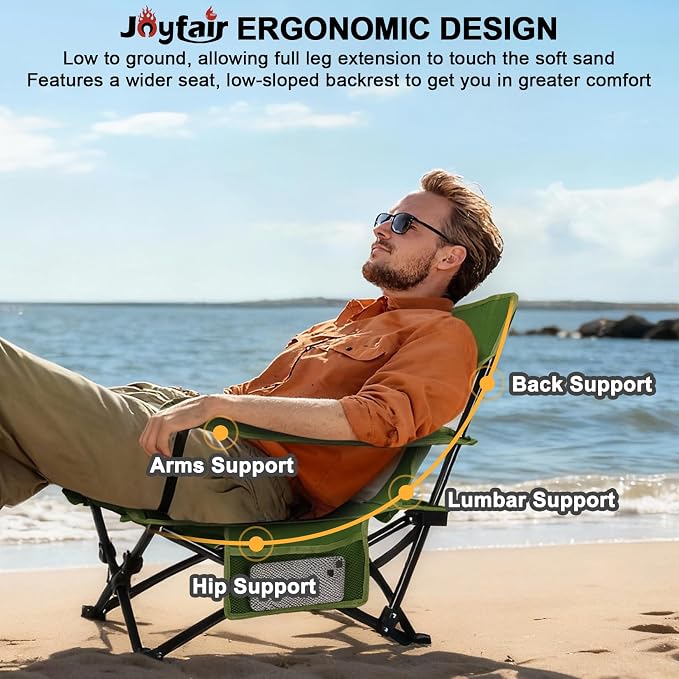 Joyfair Beach Camping Chair (2 Pack), Outdoor Folding Chair for Adults, Heavy Duty Portable Chair for Outside Fishing, Lawn, Sport, Patio, Armrest Cup Holder & Storage Pocket, Carry Bag (Green)