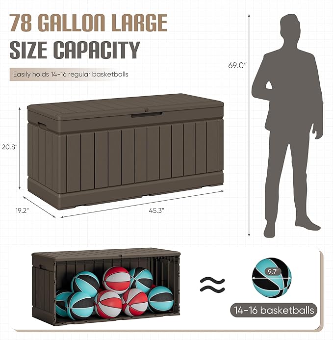 JUMMICO 78 Gallon Outdoor Deck Box Large Resin Storage Box for Patio Furniture Cushions and Garden Tools (Brown)