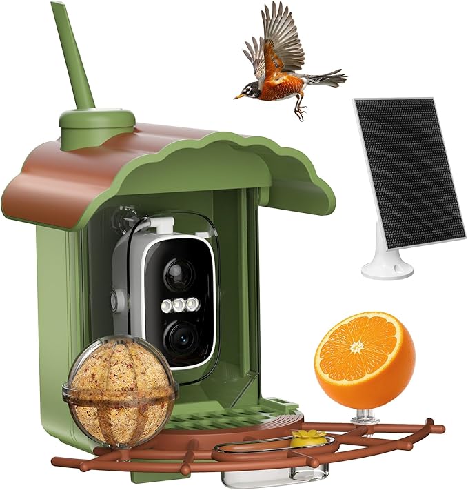 Smart Bird Feeder with Camera: Hummingbird Feeder with Solar Powered for Outdoors, Bird House with 2K HD Video & AI Bird Species Identification, Arrival Alerts, Gift for BirdLovers - Green