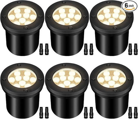 9W Low Voltage Landscape Lights, AC/DC 12-24V In-Ground Lights IP68 Waterproof 2700K Warm White Outdoor Well Lights for Yard Pathway Driveway Deck(6 Pack)