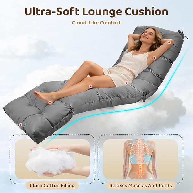 Waterproof Outdoor Lounge Chair Cushions 74.8 x 22 x 4.7 Inches，Chaise Lounge Chair Cushions Replacement for Outdoor Furniture with Ties, Thickened Patio Pool Bench Lounge Chair Cushions