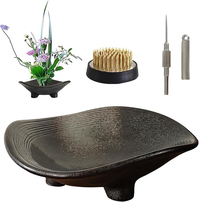 WEOPYCJ Japanese Flower Vase Bowl Ikebana, Black Shallow Arrangement Container with 1.69 in Floral Frog Floristry Kenzan and Needle Straightening Tool