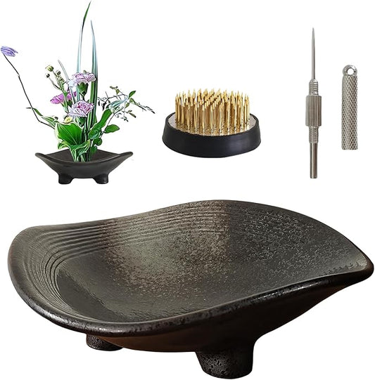WEOPYCJ Japanese Flower Vase Bowl Ikebana, Black Shallow Arrangement Container with 1.69 in Floral Frog Floristry Kenzan and Needle Straightening Tool