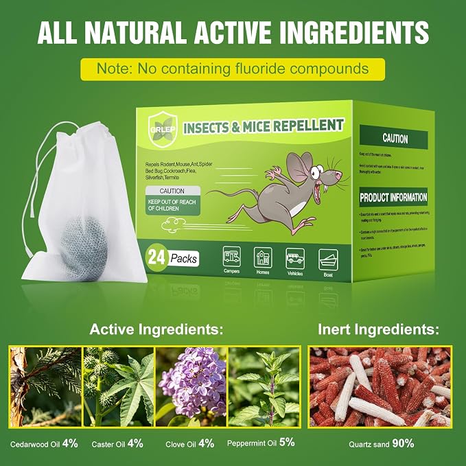 24 Packs Mouse Repellent Peppermint Oil Pest Control Repeller for Rodents Rats Spider Roach Ant Squirrel Indoor & Outdoor, Natural Mice Deterrent Pet & Family Safe Alternative to Traps & Poison