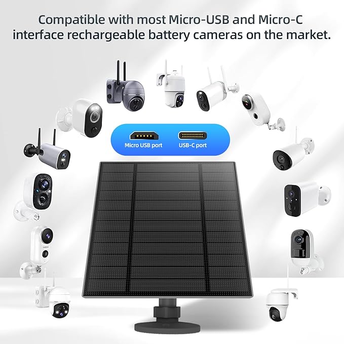 5W Solar Panel for Security Camera, Solar Panel with Micro USB & USB-C Port for DC 5V Outdoor Rechargeable Battery Camera, IP65 Waterproof, 360° Adjustable Security Mount, 9.8ft Cable (2, Black)