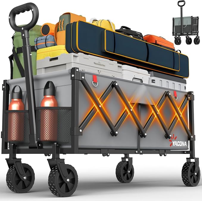 35" L Extra Long Wagons Carts Foldable, 360LBS Heavy Duty Collapsible Wagon with Wheels, Folding Wagon Portable Utility Cart for Groceries, Shopping, Camping, Sports (Gray, 180L)