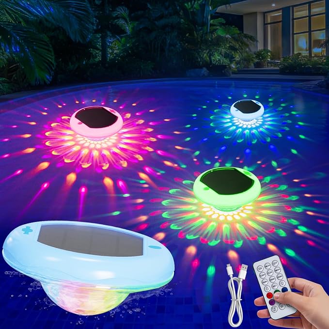 Solar Rechargeable Floating Pool Lights 2 in 1, 6.7 Inch Pool Lights That Float with Remote, 13 RGB Color Changing, Timing Mode, IP68 Waterproof 2600mAh Pool Lights for Inground Pool, Garden 1 Pack