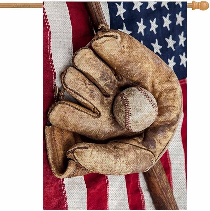 AOYEGO Baseball House Flags 28 x 40 Double Sided Burlap Bat and Glove on an American Flag Yard Flags Spring Summer Farmhouse Seasonal Outdoor Flag