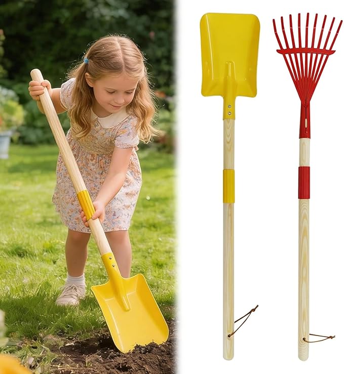 2 Pcs Kids Rake and Shovel Set,28" Toddler Size Metal Snow Shovel & Leaves Rake with Wooden Handle,Real Gardening Tools for Child Age 3 for Little Helpers in Winter Yard Fun