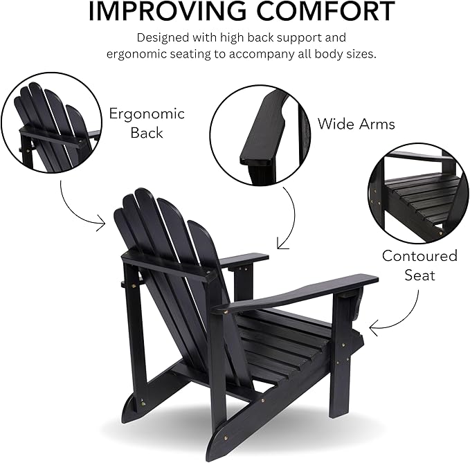 Shine Company Westport Wooden Adirondack Chair, Outdoor Patio Firepit Chairs, Back & Seat Pre-Assembled, Black
