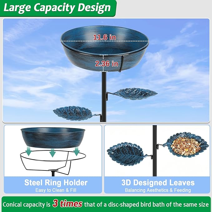 Metal Bird Bath for Outdoor - Garden Bird Bath with Removable Bowl Heavy-Duty Base, Winter Birdbath Feeder Rust-Proof Birdbaths for Garden Yard Lawn Decor, Easy to Install(Blue)
