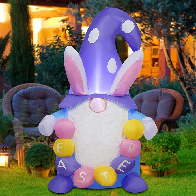 Juegoal Easter Gnome Inflatables Decorations, 4 FT Lighted Blow Cute Bunny Gnome with Eggs, Indoor Outdoor Cute Rabbit Easter Holiday Party Decor, Light Up for Lawn Yard Garden