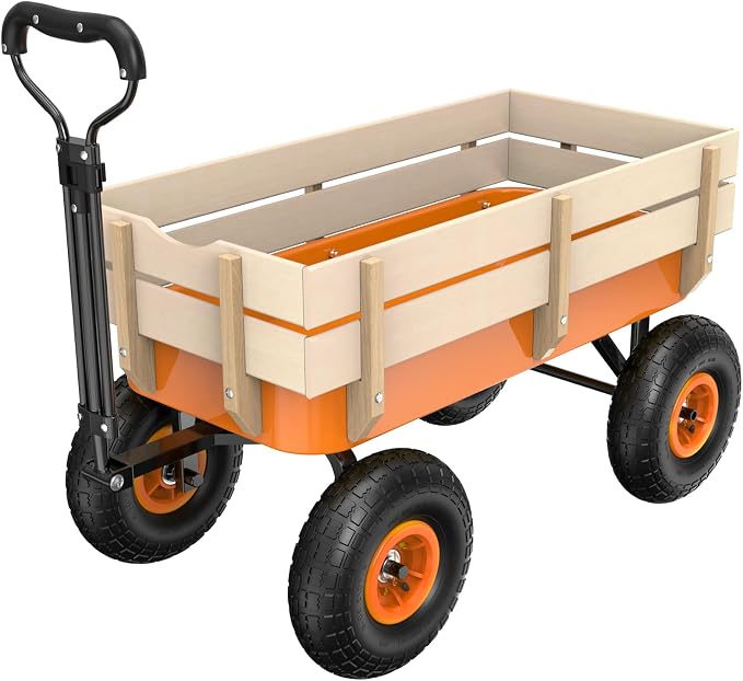 VINGLI Wagon Cart, Steel Frame and Wood Coated Railing, 330lbs All Terrain Wagon 9.2in Tires for Garden and Outdoor (Orange)