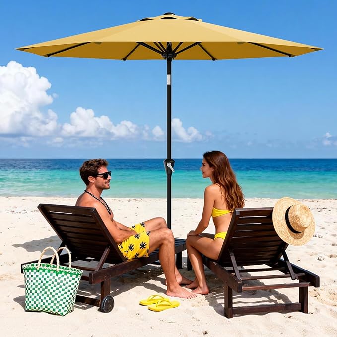 GarveeLife 10FT Umbrella Outdoor Patio, Table Umbrella with Push Button Tilt and Crank, 8 Sturdy Ribs Waterproof UV Protection for Garden, Pool, Deck, Backyard, Market (Yellow)