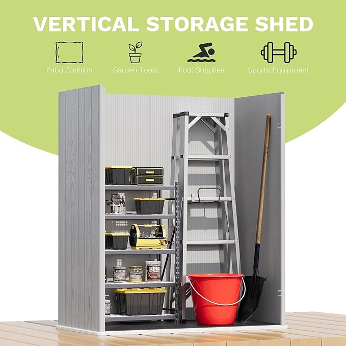 Devoko 5x3 FT Resin Storage Shed with Floor, Plastic Outdoor Storage Cabinet with Lockable Door, Waterproof Vertical Tool Small Shed for Patio Garden Backyard, Light Gray