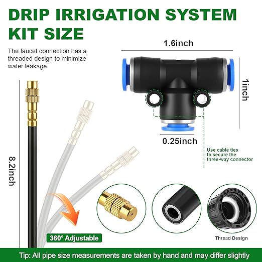 Drip Irrigation System, 30FT 1/4" Garden Watering for Outdoor Plants & Raised Beds, 10pcs Upgraded Brass Nozzles 360° Adjustable Misting Kit, UV-Resistant Tubing for Greenhouse, Lawn & Patio Cooling