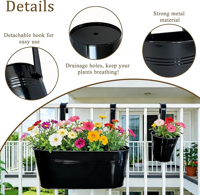 Set of 8 Outdoor Metal Railing Planters Box - 4 Pcs 5.12" Round Balcony Hanging Planter & 4 Pcs 17" Oval Fence Pot with Detachable Hooks Drainage, Black