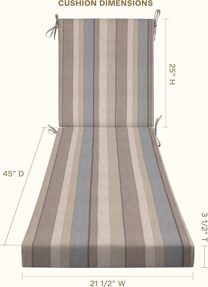 Honeycomb Outdoor Chaise Lounge Cushion for Patio Furniture, Water & Fade Resistant, Removable Cover, 21.5 x 70, Heritage Stripe Taupe