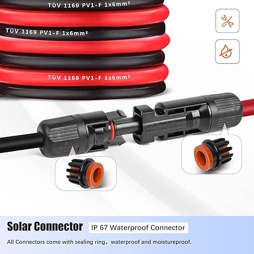 Solar Extension Cable 20Feet 10AWG (6mm²) Solar Panel Cable Red & Black PV Wire Male Female Connector Adapter Gauge Wire for PV System
