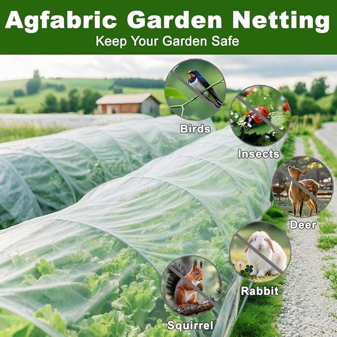 Agfabric Garden Netting 8.2'x32' Insect Pest Barrier Bird Netting for Garden Protection,Row Cover Mesh Netting for Vegetables Fruit Trees and Plants,White