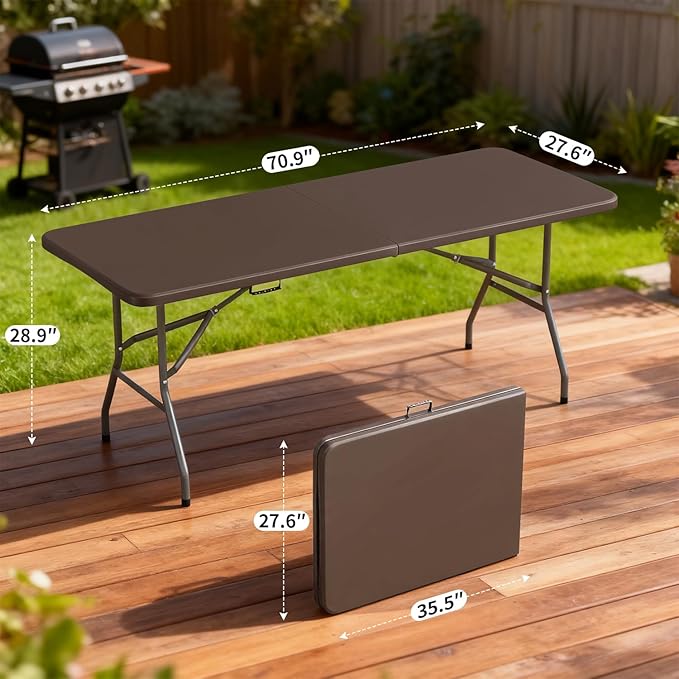 BestOffice 6 FT Picnic Table, Portable Plastic Folding Table with Carrying Handle Perfect for Picnics, Parties, Party and Camping, Brown
