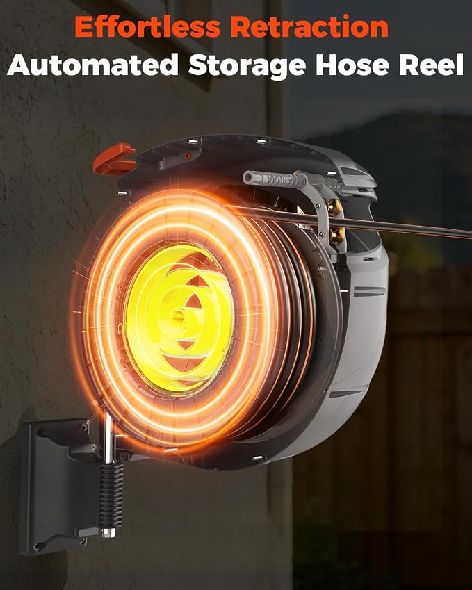 100FT Retractable Garden Hose Reel 1/2 Inch with 9-Pattern Nozzle - Automatic Slow Return & Any Length Lock, Wall Mounted Heavy Duty Hose Reels for Outside, 180° Swivel UV Resistant