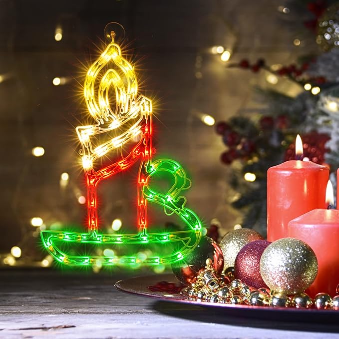 Christmas Window Silhouette Lights, Lighted Candle Double Sided Decorations with 50 Count Incandescent Mini Light, for Holiday Indoor Wall Door Glass Decor