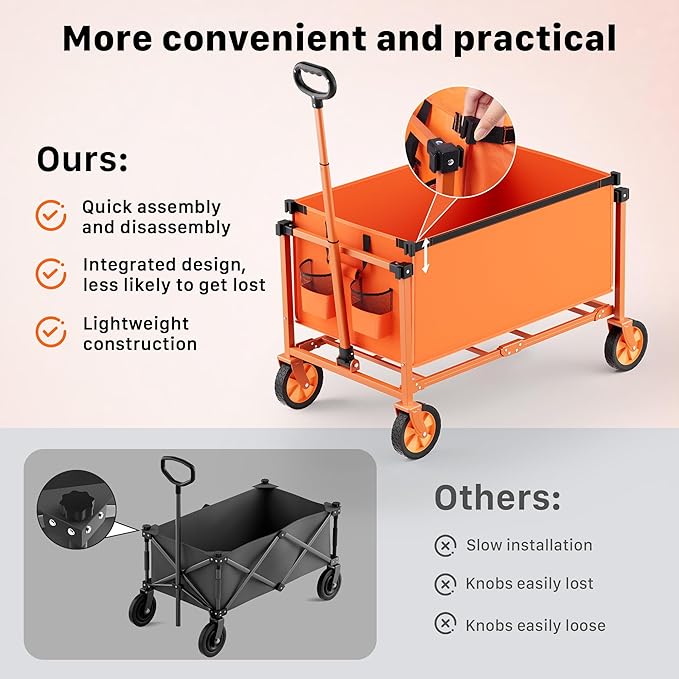 29.3" Collapsible Wagon Cart, 150L Heavy Duty Folding Utility Wagon with Wheels, 260 lbs Load, Portable Rolling Cart for Garden, Shopping, Sports, Camping, Orange
