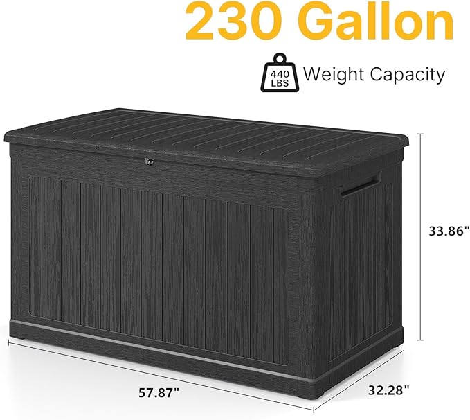 Skepphlay 230 Gallon Deck Box Large Outdoor Storage Box, Black Waterproof Deck Storage Bench, 440 lbs Load Capacity Outdoor Storage Bin for Garden, Patio, Pool, Boat