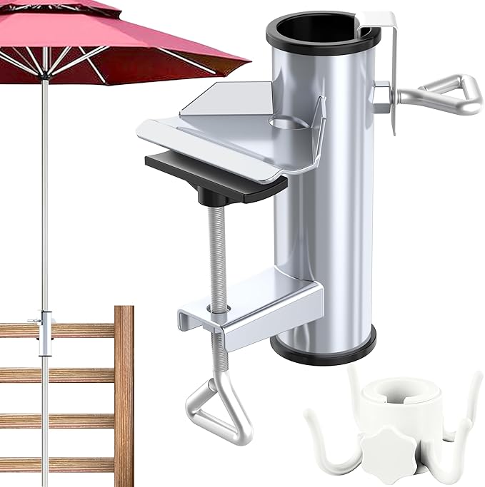Outdoor Umbrella Clamp, Stainless Steel Deck Umbrella Mount, Adjustable Umbrella Deck Mount with Umbrella Hook Accessory Mount to Picnic Table, Bleachers, Railing (Silver)