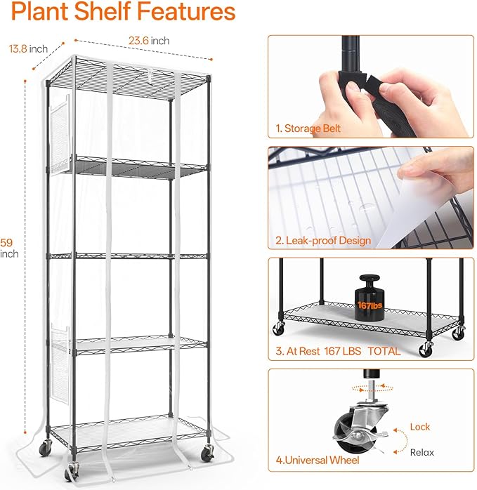 Bstrip Indoor Greenhouse, 5 Tier 23.5"x13.8"x59" Mini Greenhouse with Grow Light, 4 Pack 24W Full Spectrum Plant Lights & Timer, Plant Stand with Grow Light for Indoor Plant, Seed Starting, Seed Tray