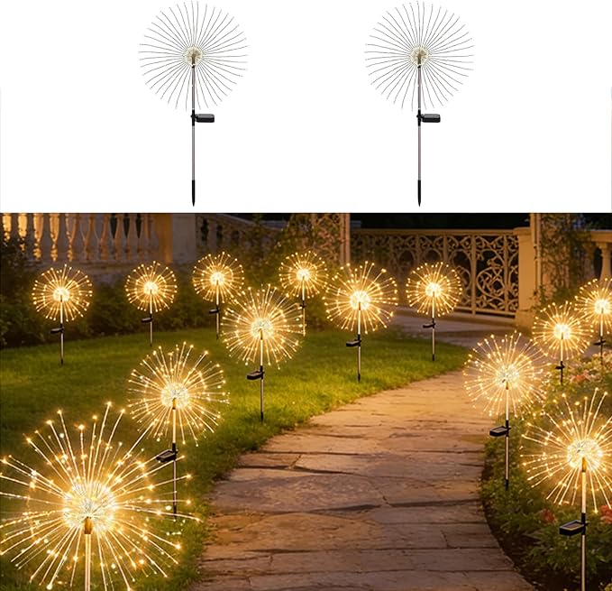 Solar Fireworks Lights for Outside,150 LED 8 Mode Firework LED Solar Fairy Lights Twinkling Tree Outdoor for Garden Yard Landscape Patio Lawn Wedding Christmas Part Decor Warm White (2 Pack)