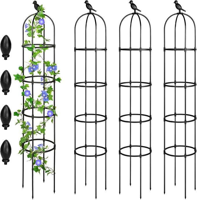 Sadnyy 4 Pack 6 ft Garden Obelisk Trellis for Climbing Plants Outdoor- Heavy Duty Rustproof Metal Pipe with Plastic Coated Plant Trellis for Clematis Grape Pea Vines Tomatoes Cucumbers Flowers(Black)