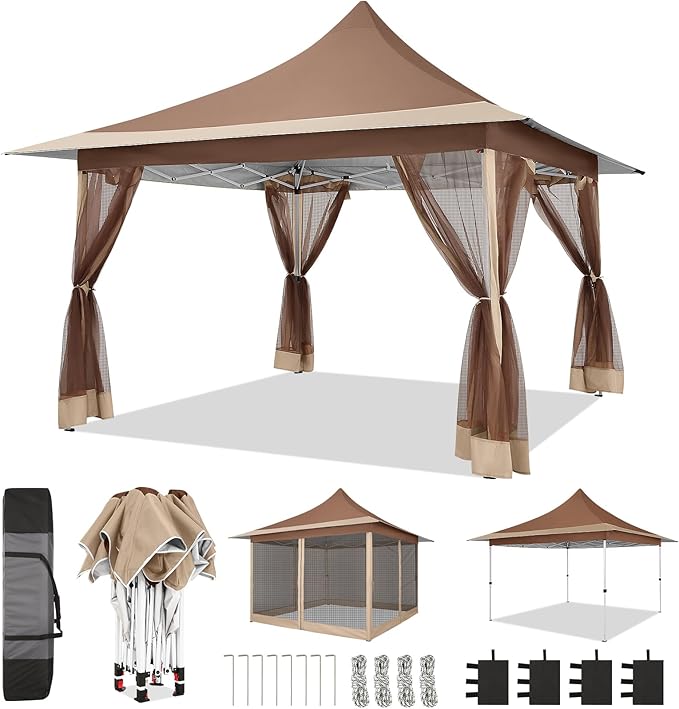 COBIZI 12x12 Pop up Canopy Gazebo on Clearance, Outdoor Canopy Tent with Mosquito Netting & Waterproof Roof & Sandbags & Carrying Bag,Patio Portable Gazebo for Garden,for Backyard,Brown
