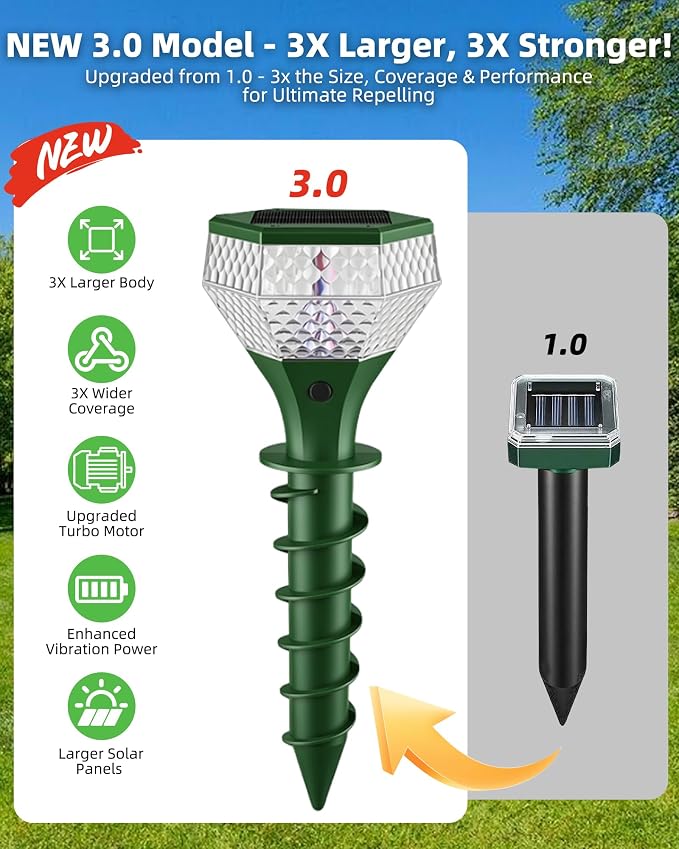 Extra Large Solar Powered Mole Repellent, 3X Size& Coverage, Vibration& Ultrasonic Repeller with Color LED Night Light, Repels All Animal Repellent Outdoor