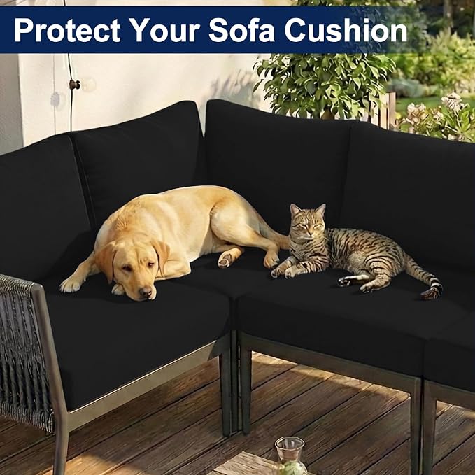 Smiry Waterproof Patio Cushion Covers, Stretch Outdoor Couch Slipcovers Replacement Washable Furniture Protector Sofa Chair Seat Cover for Dogs and Pets (14 Pcs, Black)
