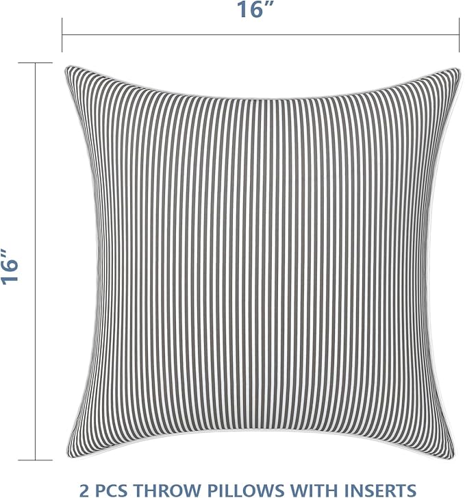 LVTXIII Outdoor/Indoor Throw Pillows, Decorative Patio Accent Pillows, Fluffy Water Repellent Garden Cushions for Home Patio Coach Sofa Use, 16×16 Inch, Pack of 2, Strip Grey