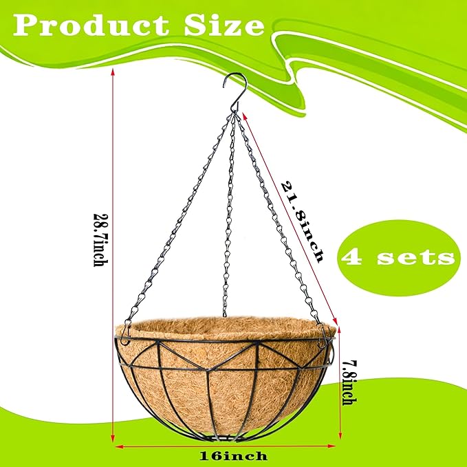 4 Pack 16 Inch Black Wire Hanging Planter with Coir Fiber Outdoor Round Hanging Basket with Metal Chain for Balcony Porch Farmhouse Country Style Garden Decor (Geometric)