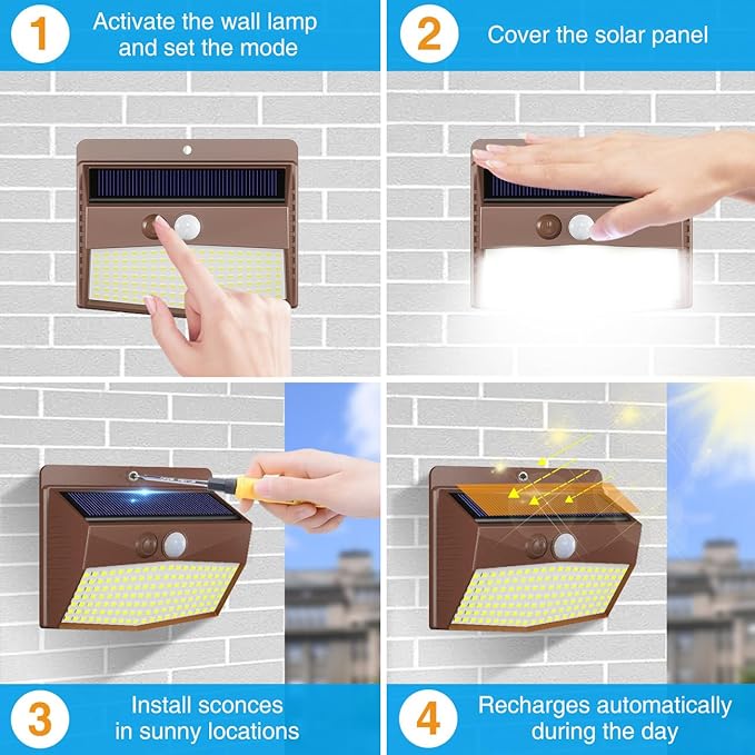 Peasur Solar Lights Outdoor Motion Sensor [10 Packs] Security Light with 3 Lighting Modes Wall Lights Waterproof Solar Powered Lights for Garden Fence Yard, Brown