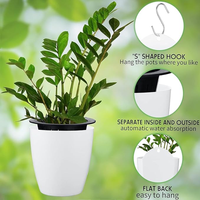PP Plants Pots for Indoor Outdoor Gardening Hanging Self-Watering Flower Pots with Drainage Holes, Modern Planters for Houseplants Succulents Herbs (10, Medium)