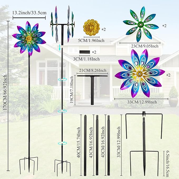 360° Metal Wind Spinner Outdoor,13" Kinetic Wind Sculptures for Yard and Garden with Metal Stak,Large Waterproof Pinwheels Gift for Women, Mom, Grandama
