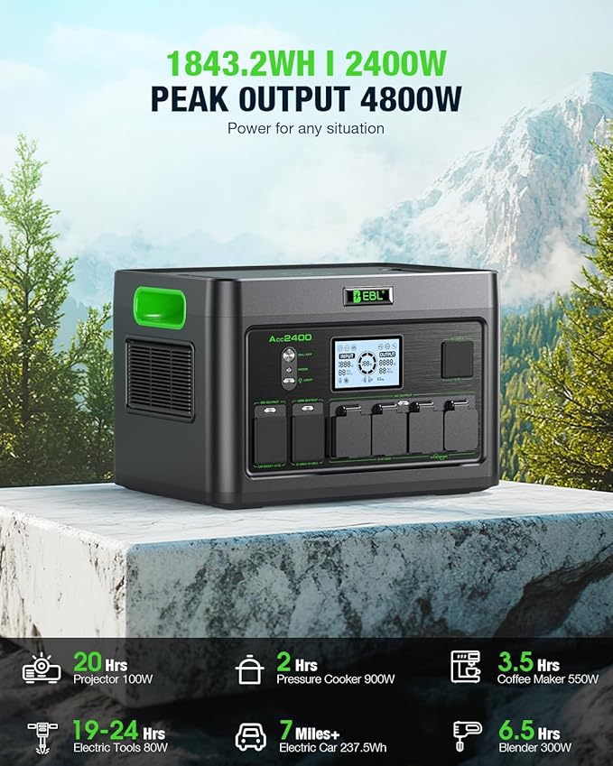 EBL 2400W Portable Power Station with 2x200W Solar Panels (Ship Separately), 1843Wh Home Backup Battery,LiFePO4,Solar Generator,Pure Sine Wave, For Outdoor Camping RV Travel, Off-grid Home Emergency