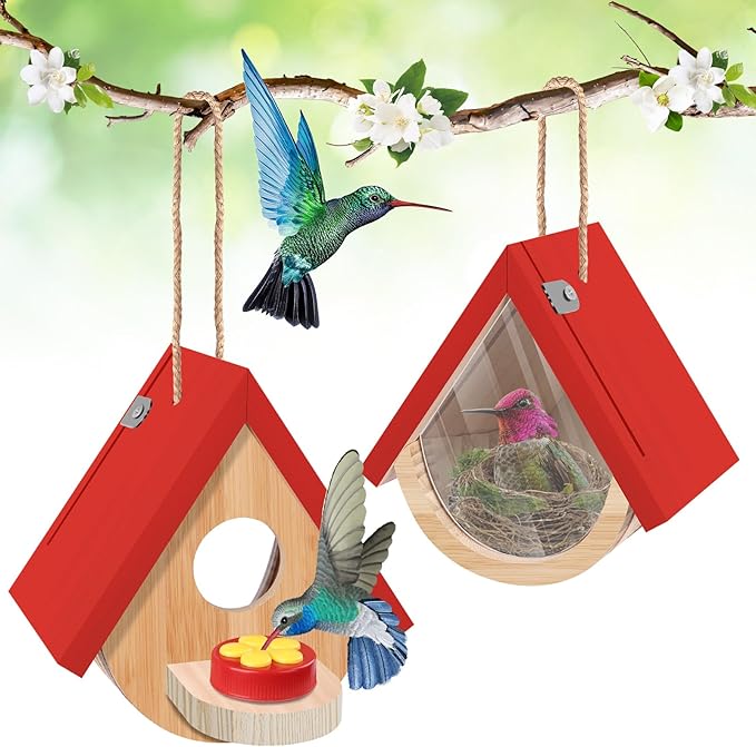2 Pack Hummingbird Houses with Feeder, Wooden Hanging Bird House Outside, Window Birdhouse for Viewing Inside with Hemp Ropes for Bluebird Finch Chickadee Nesting