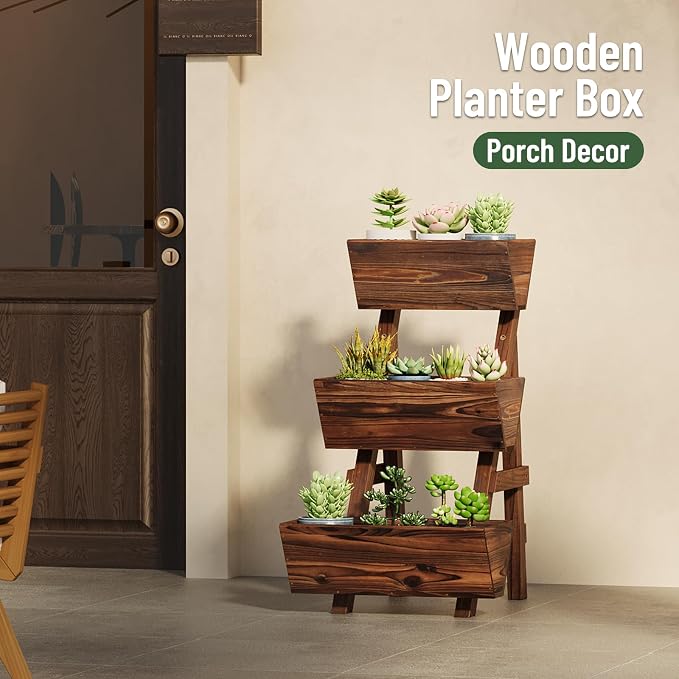 Vertical Wooden Raised Garden Bed, Garden Planters Freestanding Wood Plant Stand Flower Rack Wooden Planter Box for Plants Herbs Flowers Vegetables Outdoor Indoor Gardening (3-Tier Small Carbonized)