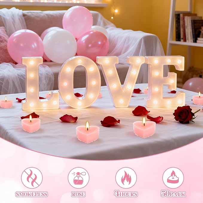 50Pcs Valentines Day Tealight Candles Rose Scented in Clear Cup,Love Pink Wax Votive Candle for Valentine's Day,Home Decor,Wedding, Anniversary, 4Hours Heart Shaped