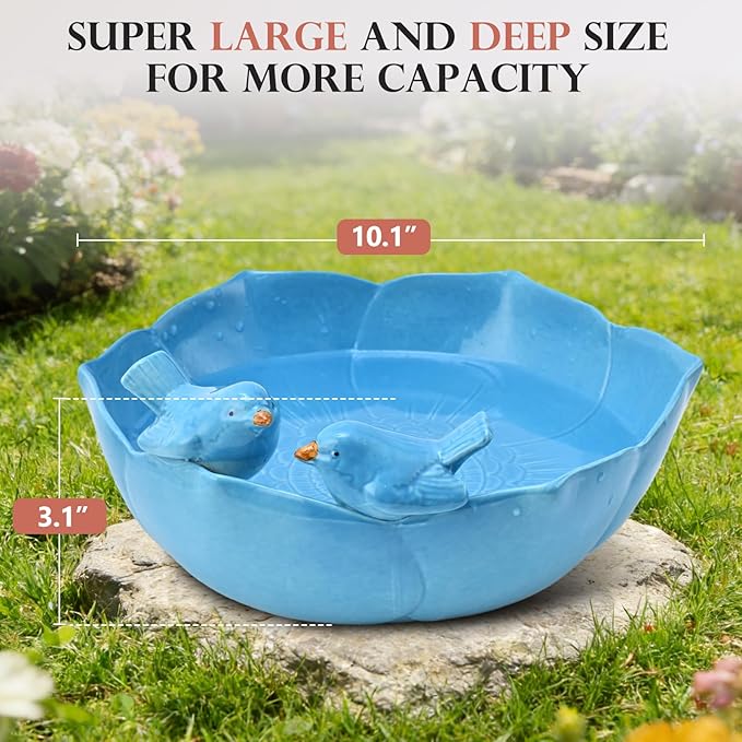 Ceramic Bird Bath for Outdoors, 10.1” Hand-Painted Glazed Ceramic Bird Baths Bowls and Feeders for Outside, UV/Frost-Resistant Finish Ground Garden Table Top Bird Baths Decor for Patio Yard Home Green