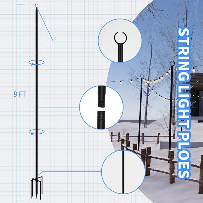 4Pack 9FT String Light Poles for Outside,Electrophoresis Design Waterproof and Rustproof,for Outdoor String Lights Garden,Patio,Wedding,Backyard,Deck,Party - Black