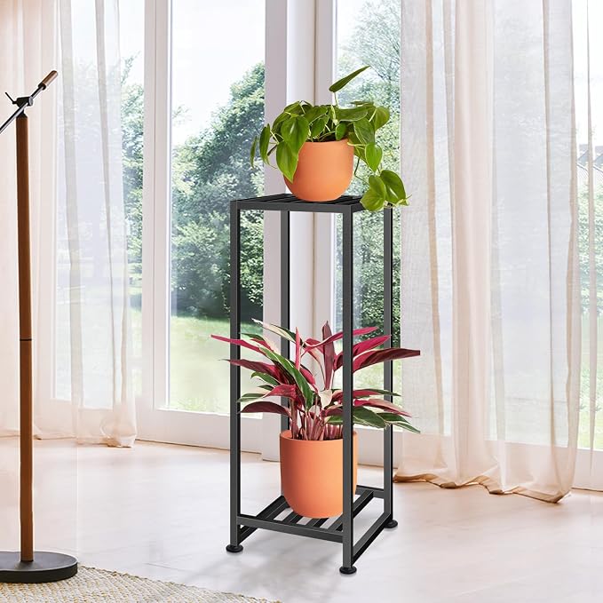 LUBORN Plant Stand Indoor Outdoor, Wrought Iron Plant Stands 2 Tier Heavy Duty Metal Pedestal Stand Decorative Flower Stand for Patio Garden Deck Living Room